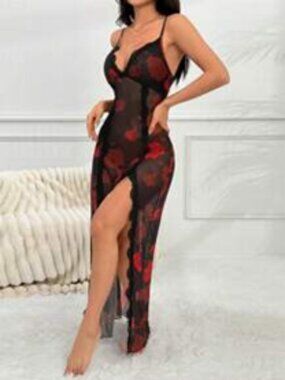 OYOANGLE Floral Print Sheer Chemise Mesh Maxi Nightgown V-neck Front Slits
